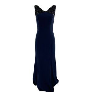 Monique Lhuillier Long Maxi Dress Blue Black Beaded Open Back Formal Sz 2